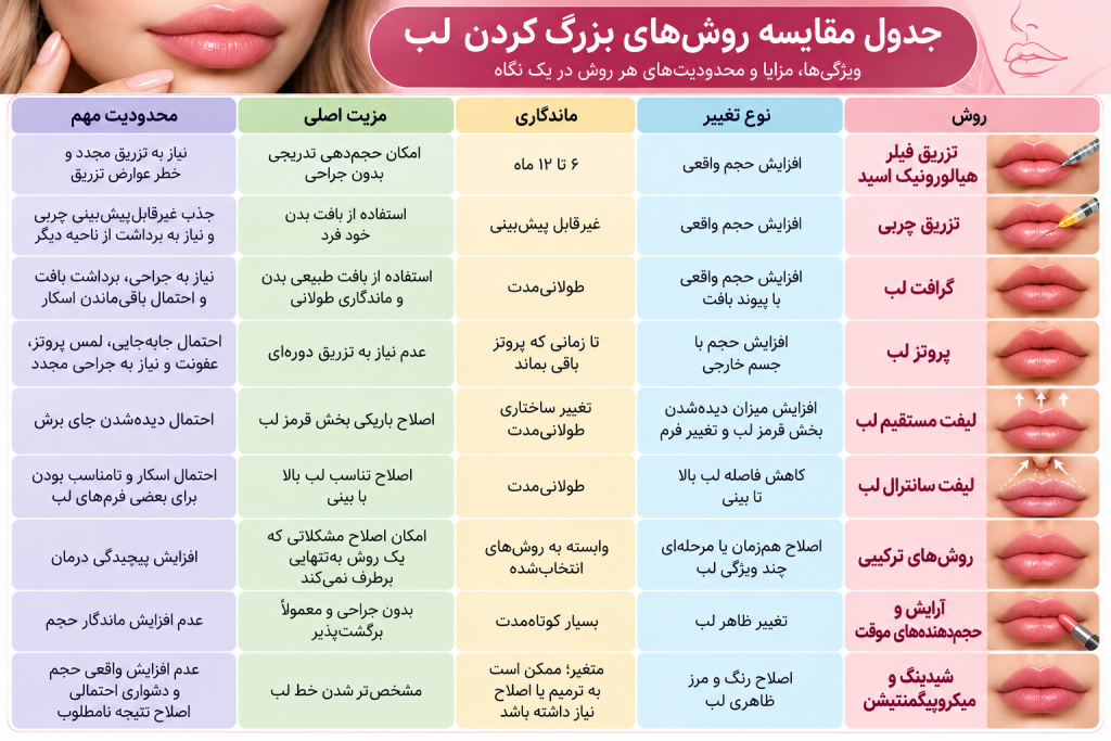 جدول مقایسه روشهای بزرگ کردن و برجسته کردن لب